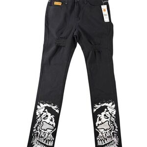 Watson Straight Jeans Mens 30 Black Distressed Denim Skull Print Cotton Stretch